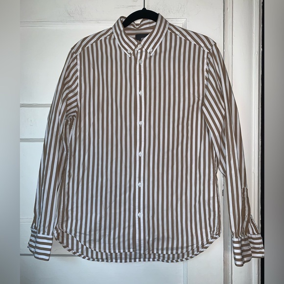 H&M tan and white striped regular fit button down‎ shirt size small - Picture 1 of 8